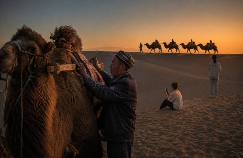 cr&eacute;puscule dans le d&eacute;sert de Dunhuang, province du Gansu, au pied des dunes de Mingsha
