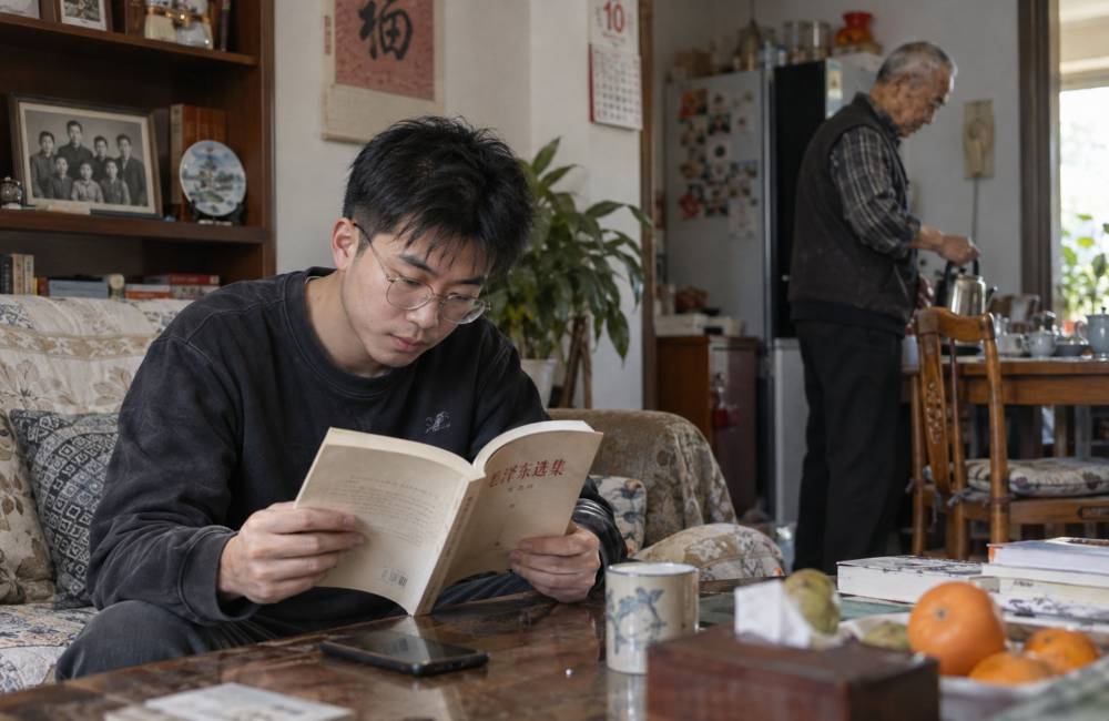 jeune chinois lit Mao &agrave; c&ocirc;t&eacute; de son grand p&egrave;re, int&eacute;rieur chinois