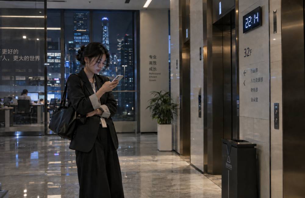 jeune femme chinoise quitte son travail &agrave; 22h14