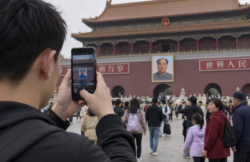 jeune homme chinois photographie le portrait de Mao depuis Tian'anmen