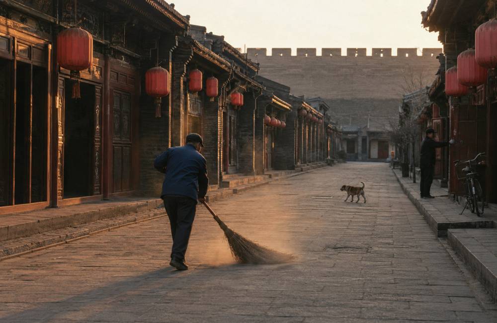 Pingyao, rue principale &agrave; l'aube