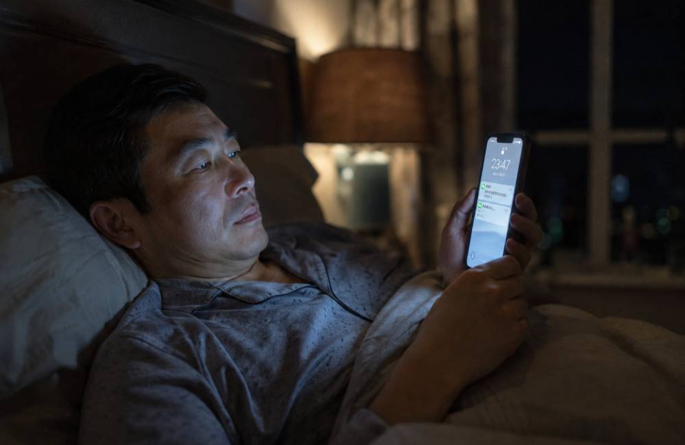 Homme chinois le soir dans son lit, notifications wechat