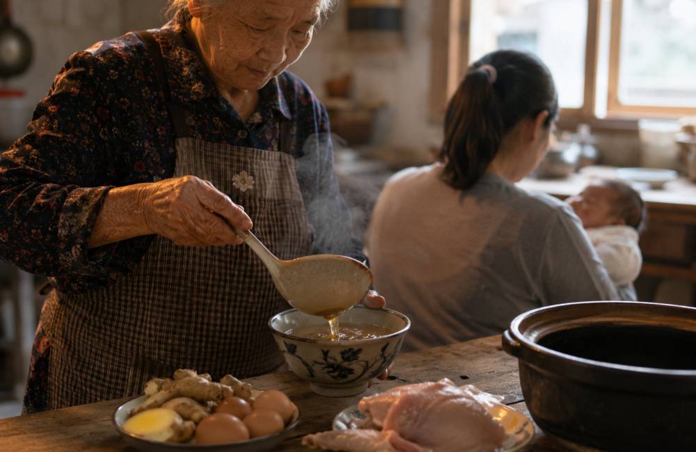 Belle m&egrave;re chinoise pr&eacute;pare repas &agrave; la nouvelle maman