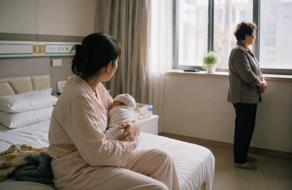 Jeune maman tient son b&eacute;b&eacute; &agrave; c&ocirc;t&eacute; de sa belle m&egrave;re