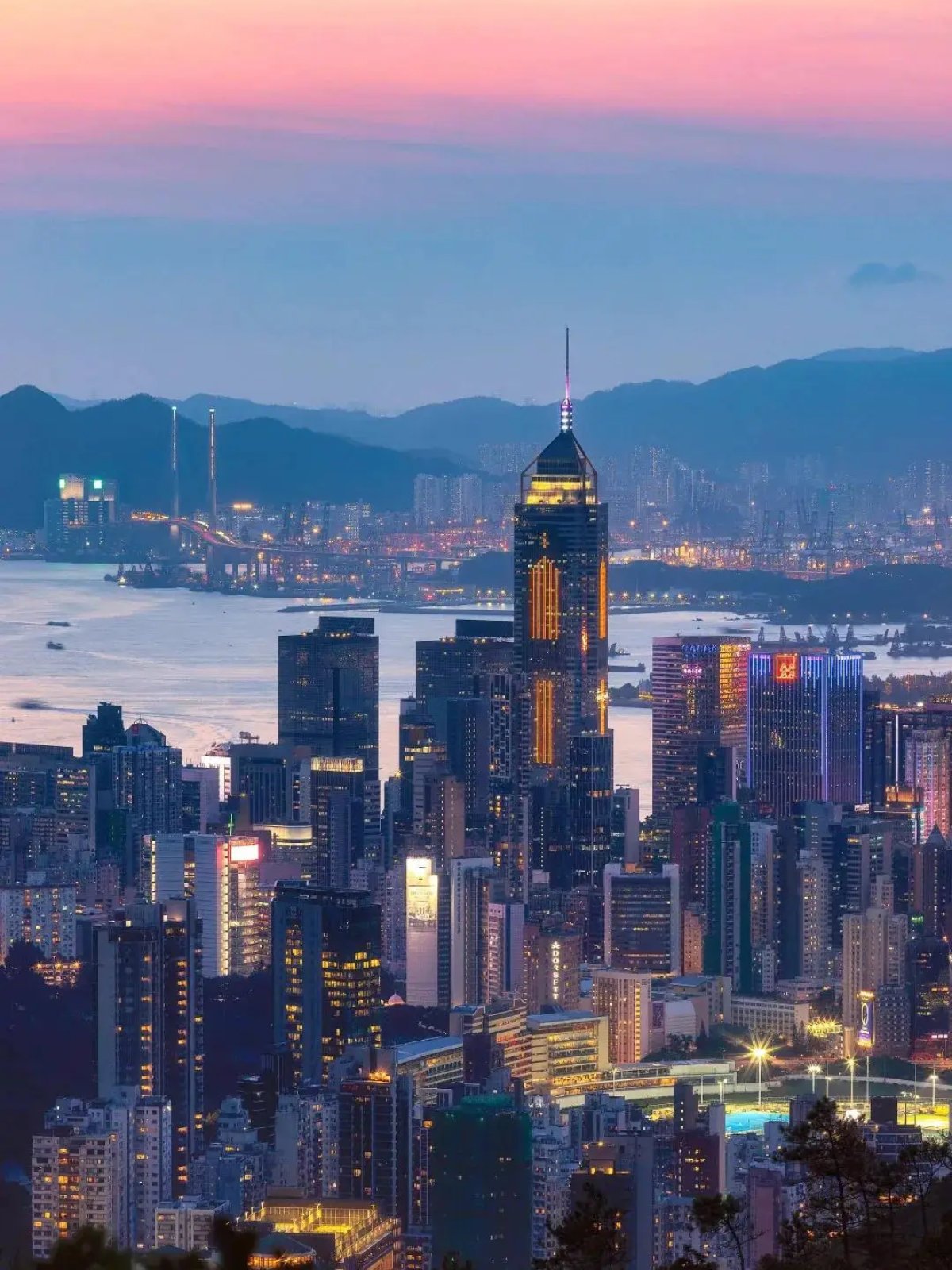 Vue a&eacute;rienne de Hong Kong le soir